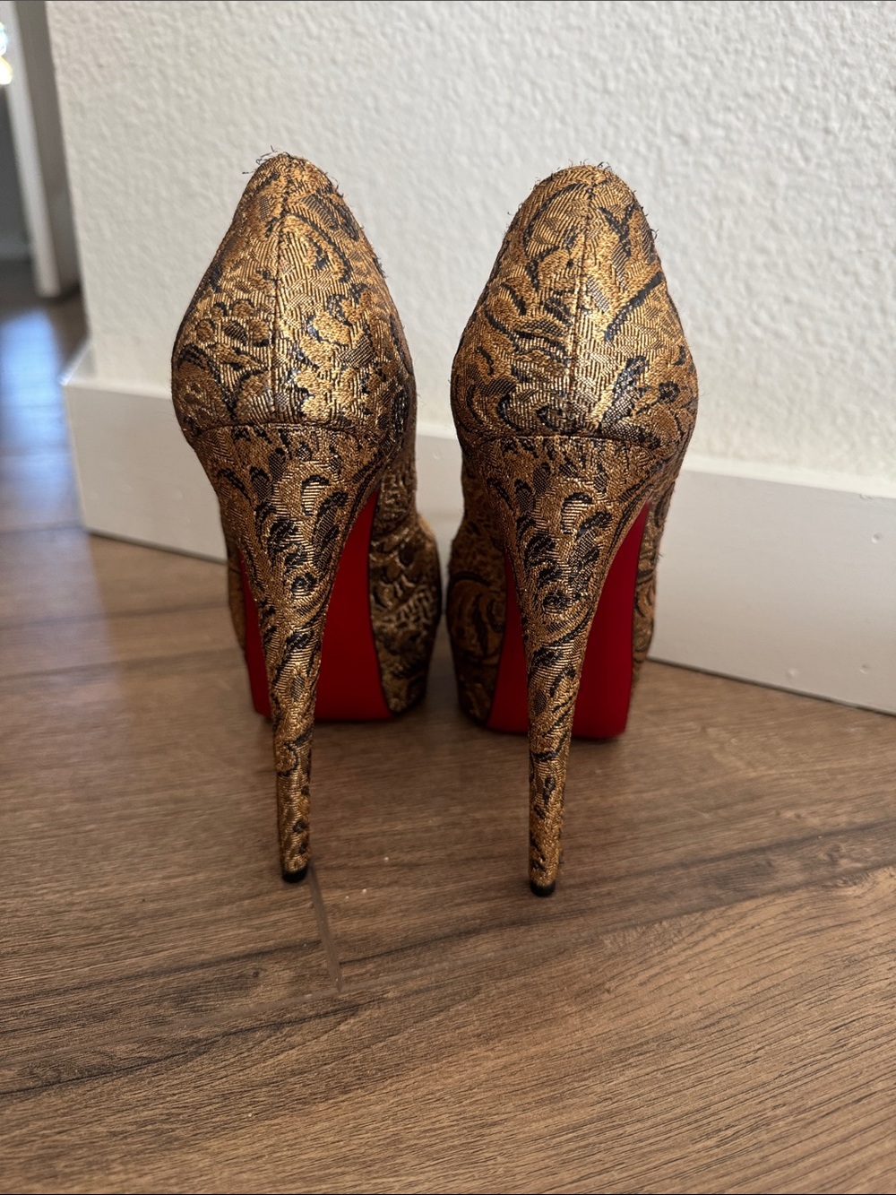Christian Louboutin Gold Brocade Peep-Toe Platform Pumps with Red Soles